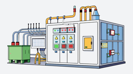 Poster - In the industrial facility the electrical panel is a large metal cabinet with different colored wires coming in from all directions. Inside are. Cartoon Vector