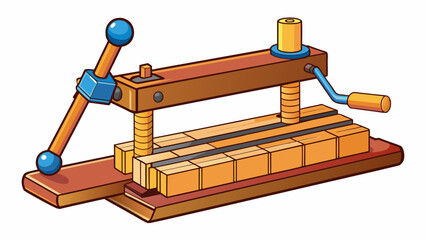 Poster - In woodworking pressing involves using a large clamp to hold two pieces of wood together while the glue dries. The clamp has two long sy arms with. Cartoon Vector