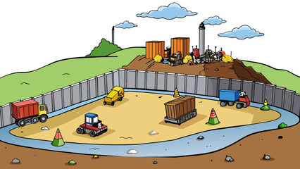 Poster - Landfill site A large open field with heavy machinery and trucks working surrounded by a tall fence. The ground is covered in layers of garbage and. Cartoon Vector