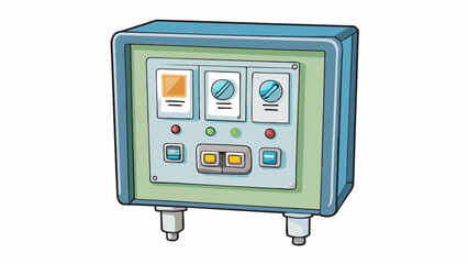 Fototapete - In the outdoor park the electrical panel for the water fountains is a weatherproof box made of plastic with a wellorganized layout of labeled switches. Cartoon Vector