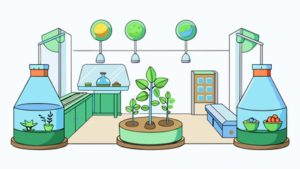 Fototapete - Lab E is a brightly lit room filled with plants of all shapes and sizes. Each plant is accompanied by a small sensor attached to its leaves or stem. Cartoon Vector
