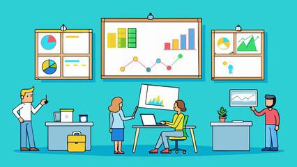 Aufkleber - In the Marketing department whiteboards and brainstorming charts cover the walls displaying colorful ideas and strategies for promoting the companys. Cartoon Vector