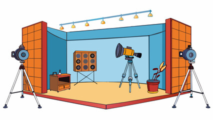 Aufkleber - In the photography studio there was a large backdrop hanging from the ceiling waiting to be pulled down for a shoot. The walls were lined with lights. Cartoon Vector