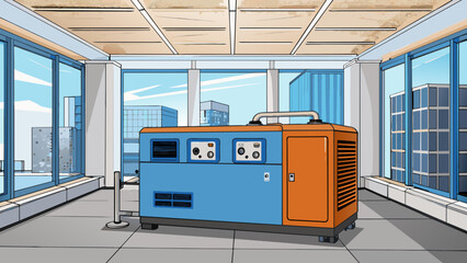 Poster - Inside a modern office building a large backup generator is housed in a soundproof room. Its industrial size and complex machinery make it an. Cartoon Vector