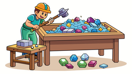 Wall Mural - On a sy wooden worktable there is a large pile of raw un gems and polished stones. Next to it an artist is delicately carving intricate designs and. Cartoon Vector