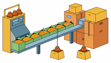 Wall Mural - Packaging tea bags in a factory A large machine is set up with rows of small rectangular plastic bags. The machine fills each bag with a precise. Cartoon Vector