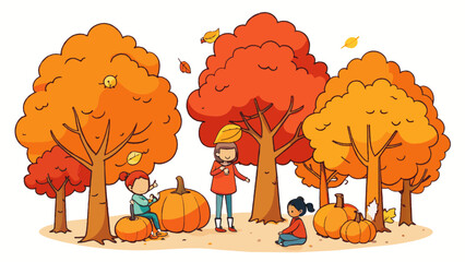 Fototapete - October Trees are adorned with shades of red orange and yellow leaves in October. The air is crisp and smells of pumpkin e and bonfires. Children can. Cartoon Vector