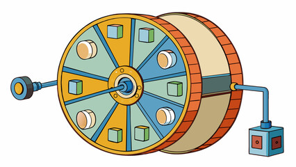 Aufkleber - Operation involves a large round wheel with different compartments and moving parts all connected to a central handle. Each compartment has a specific. Cartoon Vector