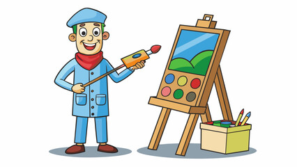 Poster - Painting a picture on a wooden easel a canvas sits with bright paint tubes tered around it. The paintbrushes have long wooden handles and soft. Cartoon Vector