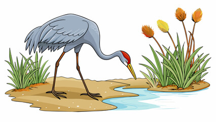 Poster - On the quiet riverbank a solitary sandhill crane foraged for food amidst the tall reeds. Its slender legs walked gingerly on the muddy ground while. Cartoon Vector