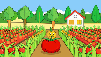 Poster - On the outskirts of the village a lush vegetable garden can be seen filled with rows of vibrant red tomatoes plump green zucchinis and tall stalks of. Cartoon Vector