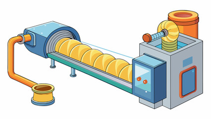 Poster - Polymerization Process A long thin tube is twisting and turning as it leads to a huge machine. Inside the machine a thick sticky substance is being. Cartoon Vector