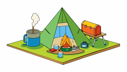 Poster - Preparing for a camping trip The tents taut fabric glistens in the sun supported by sy metal poles. A large heavyduty cooler is filled with ice and. Cartoon Vector