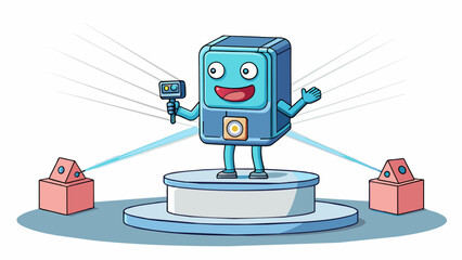 Poster - Pitching a New Product Idea A prototype of the product is p on a pedestal in the center of the room. It is a small handheld device with a smooth matte. Cartoon Vector