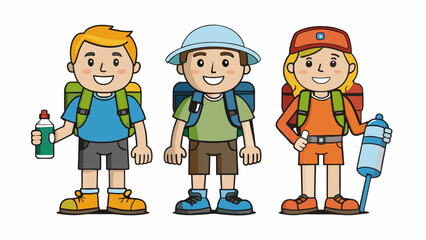 Poster - Outdoor Enthusiasts A gathering of people wearing hiking boots and trekking gear. They are equipped with backpacks and water bottles and have a. Cartoon Vector
