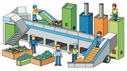 Poster - Recycling plant Inside a large factorylike building workers are busy sorting through piles of paper plastic and metal materials on conveyor belts.. Cartoon Vector