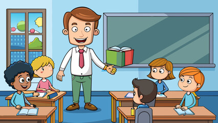 Poster - Role of a teacher A dedicated educator who facilitates learning and helps students develop their skills and knowledge in a classroom setting. Teachers. Cartoon Vector