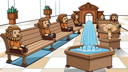 Canvas Print - Rich wooden benches provide comfortable seating for weary shoppers throughout the mall. Each bench is adorned with intricate carvings and has a plush. Cartoon Vector