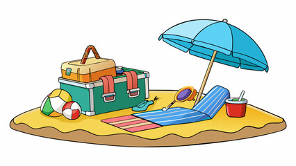 Poster - Setting up for a picnic in the park A checkered picnic blanket is spread out over the grass inviting blankets and guests to sit and relax. A wicker. Cartoon Vector