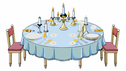 Aufkleber - Setting up the table for a dinner party The tablecloth is carefully smoothed out over the wooden surface its elegant pattern of vines and flowers. Cartoon Vector