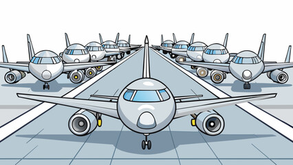 Poster - Rows of sleek silver planes parked in perfect alignment on a wide open tarmac their engines humming softly in anticipation of takeoff.. Cartoon Vector
