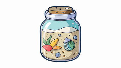 Poster - Sand and seashell jar A mixture of sand and various seashells collected from the beach layered in a clear jar with different textures and shapes. Cartoon Vector