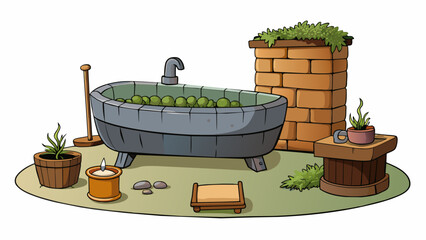 Poster - Rustic Bath The tub is made of metal and has an aged worn appearance. The surrounding walls are made of natural stones giving the room a cozy and. Cartoon Vector
