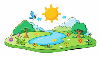 Poster - Serene and tranquil The day was peaceful the air filled with the sweet scent of flowers. The sun shone gently casting a warm golden light over. Cartoon Vector