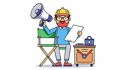 Poster - Sitting in the directors chair a megaphone in hand the director scanned through the script one last time before calling action with a booming voice. A. Cartoon Vector