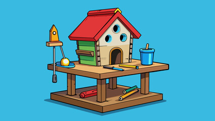 Sticker - Sitting on a worn and wellloved workbench in the middle of the workshop is a small intricately designed birdhouse. It is made of carefully measured. Cartoon Vector