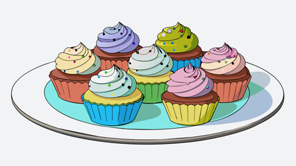 Poster - Six cupcakes on a plate Each cupcake was frosted with a different flavor and had sprinkles on top. They were all the same size with fluffy cake and. Cartoon Vector