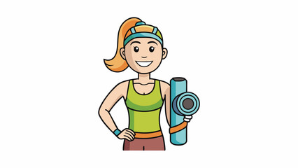 Sticker - She was a woman with a friendly smile and an energetic vibe. Her hair was in a high ponytail and she was dressed in a colorful tank top and leggings.. Cartoon Vector