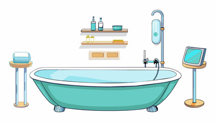Poster - Spa Bath The tub in this bath is oversized and made of smooth polished stone. The walls are adorned with earthytoned tiles and a gentle waterfall. Cartoon Vector