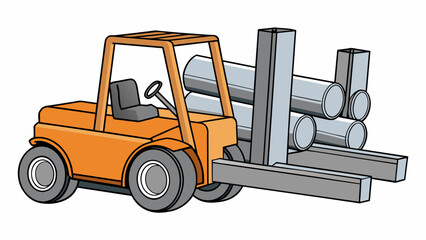 Poster - Stacking Heavy Objects In a construction site a forklift is used to stack heavy materials such as pipes or large metal beams. The forklifts sy frame. Cartoon Vector