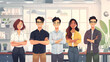 © K-MookPan - A group of young professionals standing in an office, smiling and crossing their arms. They are dressed in business casual attire.