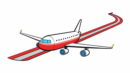 Fototapete - The airplane descended towards the runway its wings flapping against the wind as it made its final approach. Its red and white striped tail could be. Cartoon Vector