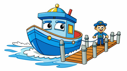 Poster - The boat drifted away from the dock its motor rumbling softly as it steered into the open water. Its bright blue paint was slightly chipped giving it. Cartoon Vector