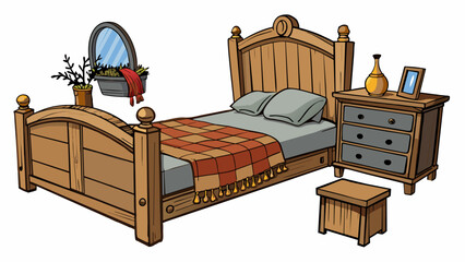 Poster - The bedroom has a rustic feel with a wooden bed frame and matching dresser. The walls are covered in shiplap and there is a cozy wool blanket dd over. Cartoon Vector