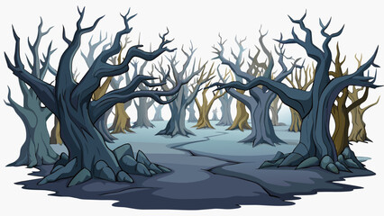 Poster - The backdrop depicts a dark eerie forest with twisted branches and gnarled trees looming over the characters. A faint fog settles over the stage. Cartoon Vector