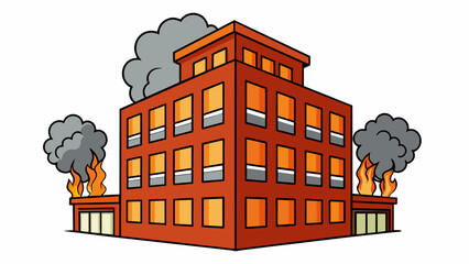 Poster -  The building appears to be a multistory structure with brick walls and large windows. Flames are visible from the upper floors and the smoke is dark. Cartoon Vector