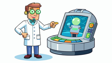 Poster - The camera zooms in on a glowing futuristic device with sleek lines and a touch screen as a scientist eagerly inputs data and prepares for a. Cartoon Vector