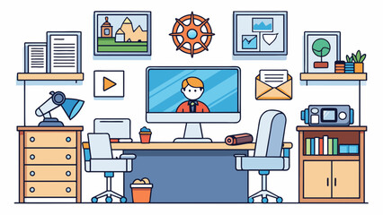Aufkleber - The directors office was adorned with movie posters awards and personal mementos. A cluttered desk was covered with scribbled notes and a wellworn. Cartoon Vector