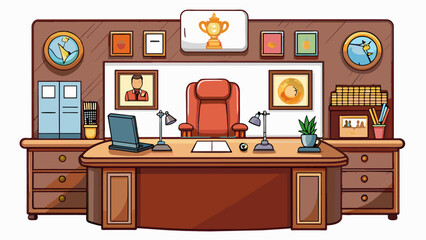 Aufkleber - The employers office was organized and efficient with a large mahogany desk at the center. On the desk there was a fancy pen set a leather planner and. Cartoon Vector