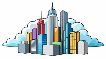 Fototapete - The extent of the citys skyline was breathtaking with towering skyscrs reaching towards the clouds and bustling streets bustling with activity. The. Cartoon Vector