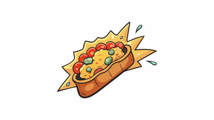 Poster -  The first bite reveals a burst of savory flavors and the satisfying crunch of the toppings.. Cartoon Vector