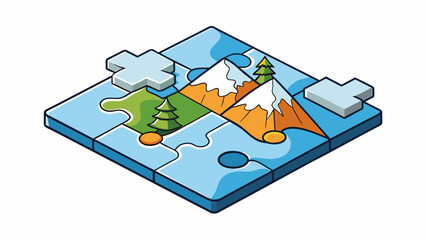 Poster - The final puzzle piece snapped into place completing the intricate image of a snowy mountain scene. This final touch brought a satisfying conclusion. Cartoon Vector