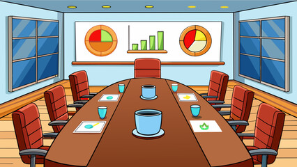 Sticker - The Finance department has a sleek conference room with a large mahogany table surrounded by leather chairs. On the walls graphs and charts illustrate. Cartoon Vector