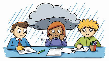 Poster - The exam period was marked by heavy rain and gusts of wind that rattled the windows of the classroom. The sound of pencils scratching on paper was. Cartoon Vector