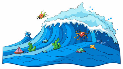 Poster - The extent of the oceans depths were unfathomable with massive waves crashing against the shoreline and a mesmerizing expanse of blue stretching out. Cartoon Vector