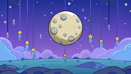 Poster - The moon hangs low in the sky casting a soft ethereal glow on the surrounding landscape. Stars le above like diamonds tered across a velvet blanket.. Cartoon Vector